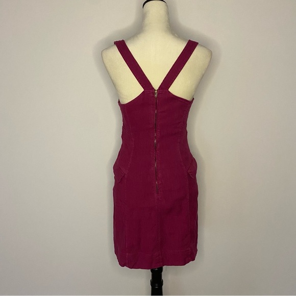 Anthropologie Square Neck Linen Blend Mini Cargo Stretch Dress 6 Burgundy Boho - Picture 6 of 13